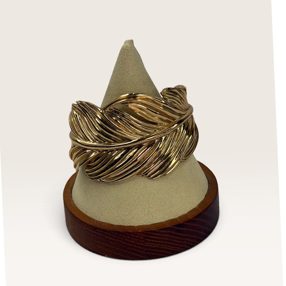 Gold Tone Feather Cuff Bracelet Wide Statement Ribbed Wing Design Vintage Style